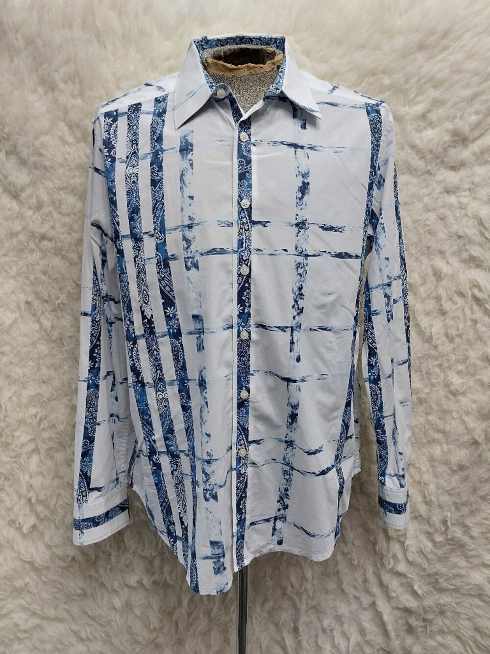 Robert Graham Man's White Blue Abstract Pattern Shirt Size XL